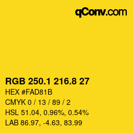 カラーコード: RGB 250.1 216.8 27 | qconv.com