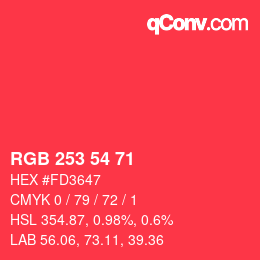 Color code: RGB 253 54 71 | qconv.com