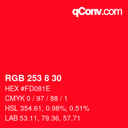 颜色代码: RGB 253 8 30 | qconv.com