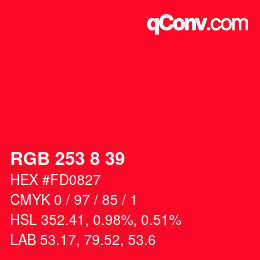 颜色代码: RGB 253 8 39 | qconv.com