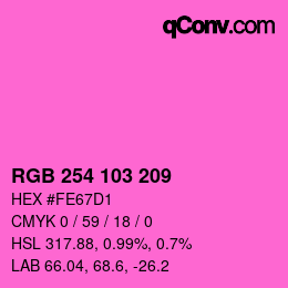 颜色代码: RGB 254 103 209 | qconv.com