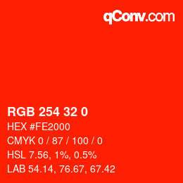 Color code: RGB 254 32 0 | qconv.com