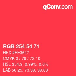 Color code: RGB 254 54 71 | qconv.com