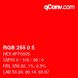 Color code: RGB 255 0 5 | qconv.com