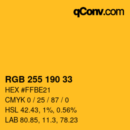 颜色代码: RGB 255 190 33 | qconv.com