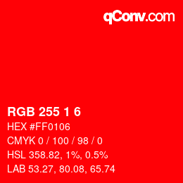 カラーコード: RGB 255 1 6 | qconv.com