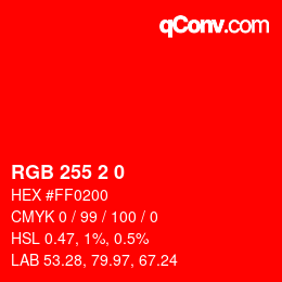 Color code: RGB 255 2 0 | qconv.com