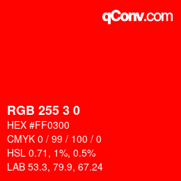 Color code: RGB 255 3 0 | qconv.com