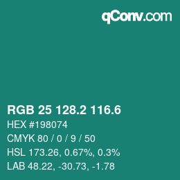 カラーコード: RGB 25 128.2 116.6 | qconv.com