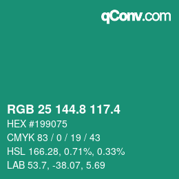 カラーコード: RGB 25 144.8 117.4 | qconv.com
