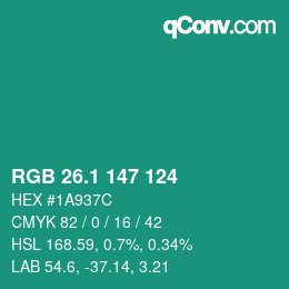 カラーコード: RGB 26.1 147 124 | qconv.com