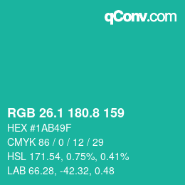 カラーコード: RGB 26.1 180.8 159 | qconv.com