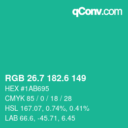 カラーコード: RGB 26.7 182.6 149 | qconv.com