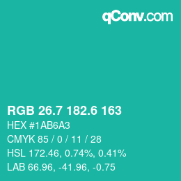 カラーコード: RGB 26.7 182.6 163 | qconv.com