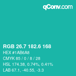 カラーコード: RGB 26.7 182.6 168 | qconv.com
