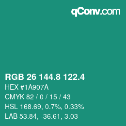 カラーコード: RGB 26 144.8 122.4 | qconv.com