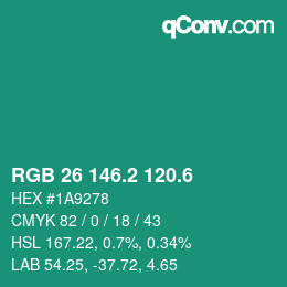 カラーコード: RGB 26 146.2 120.6 | qconv.com