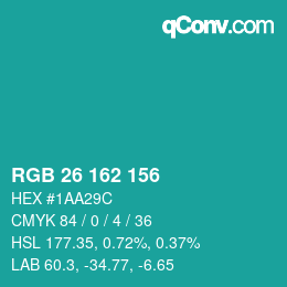 Color code: RGB 26 162 156 | qconv.com