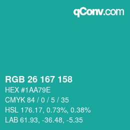 カラーコード: RGB 26 167 158 | qconv.com