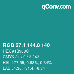 Color code: RGB 27.1 144.8 140 | qconv.com