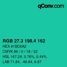 カラーコード: RGB 27.3 198.4 162 | qconv.com