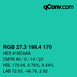 カラーコード: RGB 27.3 198.4 170 | qconv.com