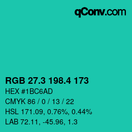 カラーコード: RGB 27.3 198.4 173 | qconv.com