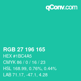 カラーコード: RGB 27 196 165 | qconv.com
