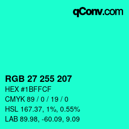 Color code: RGB 27 255 207 | qconv.com