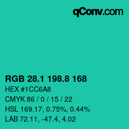 カラーコード: RGB 28.1 198.8 168 | qconv.com