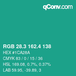 カラーコード: RGB 28.3 162.4 138 | qconv.com