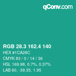 カラーコード: RGB 28.3 162.4 140 | qconv.com