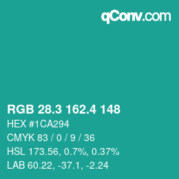 カラーコード: RGB 28.3 162.4 148 | qconv.com