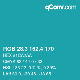 カラーコード: RGB 28.3 162.4 170 | qconv.com