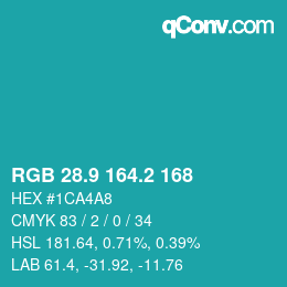 カラーコード: RGB 28.9 164.2 168 | qconv.com