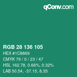 Color code: RGB 28 136 105 | qconv.com