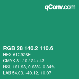 カラーコード: RGB 28 146.2 110.6 | qconv.com