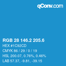 カラーコード: RGB 28 146.2 205.6 | qconv.com