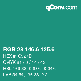 カラーコード: RGB 28 146.6 125.6 | qconv.com