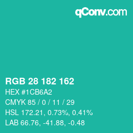 カラーコード: RGB 28 182 162 | qconv.com