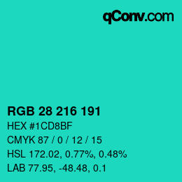 カラーコード: RGB 28 216 191 | qconv.com