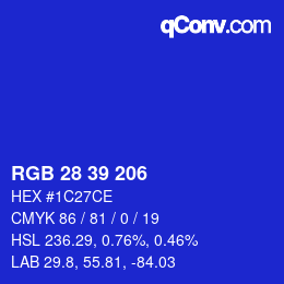 Color code: RGB 28 39 206 | qconv.com