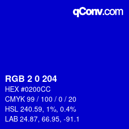 Color code: RGB 2 0 204 | qconv.com