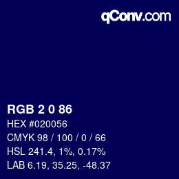 颜色代码: RGB 2 0 86 | qconv.com
