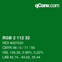 カラーコード: RGB 2 112 32 | qconv.com