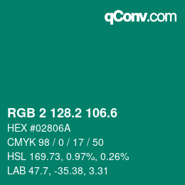 カラーコード: RGB 2 128.2 106.6 | qconv.com