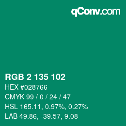 カラーコード: RGB 2 135 102 | qconv.com