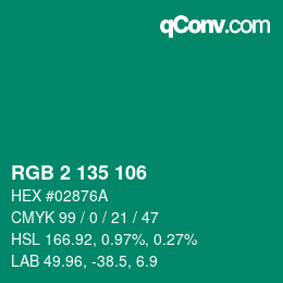 カラーコード: RGB 2 135 106 | qconv.com