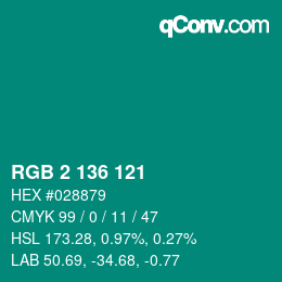 Color code: RGB 2 136 121 | qconv.com