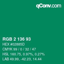 Color code: RGB 2 136 93 | qconv.com